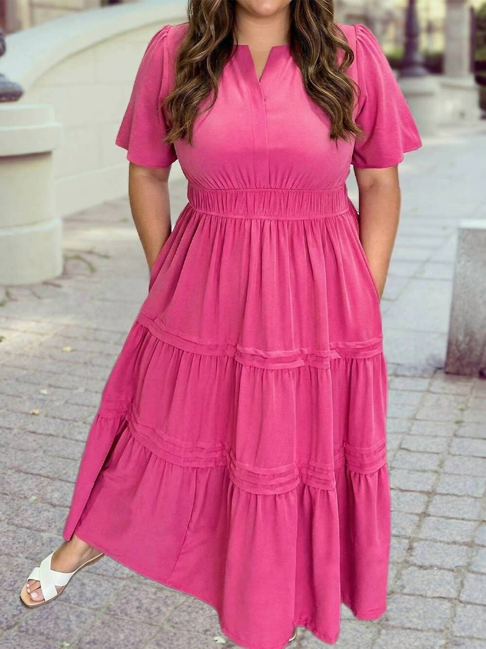NEW 1 THE WOMAN split neck short sleeve flare tiered maxi dress - plus in pink